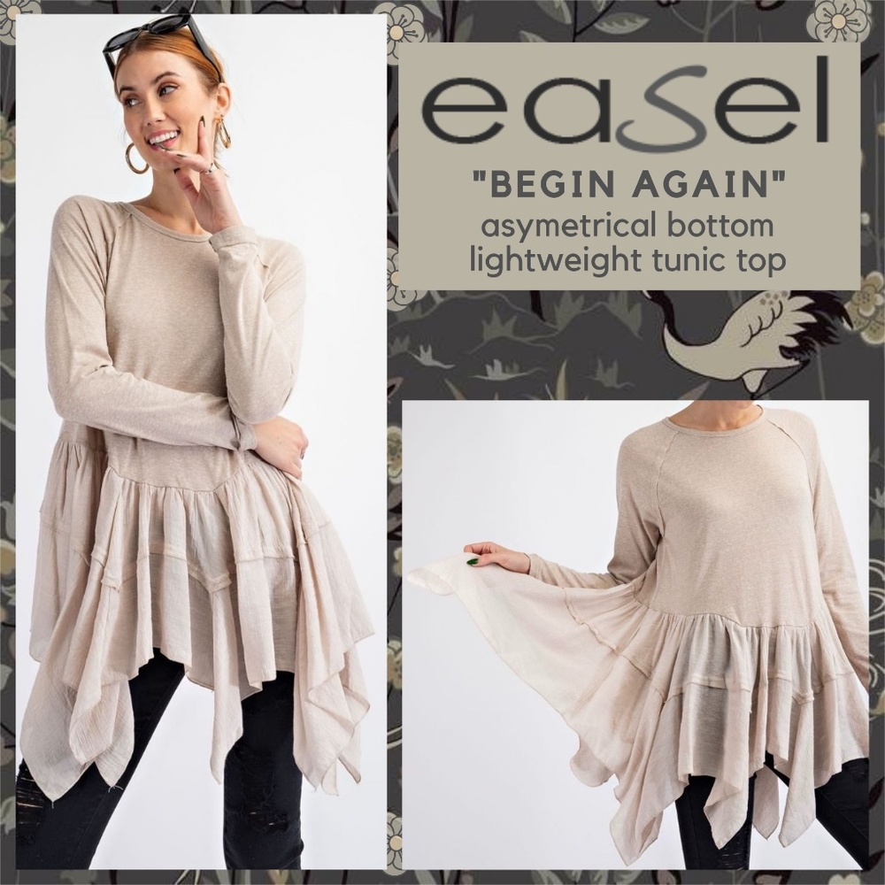 EASEL Long Sleeved Asymmetrical Ruffled Hem Lightweight Tunic Top